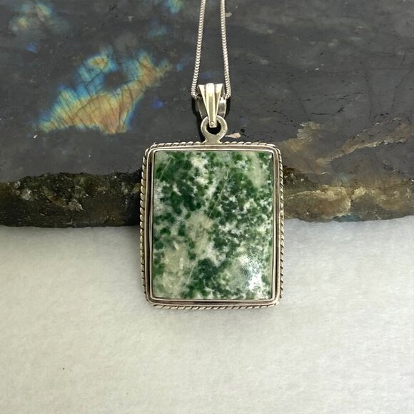 Sterling Silver 925 Bezel Set Tree Agate Rectangular Pendant Necklace 18.5" - Picture 4 of 16